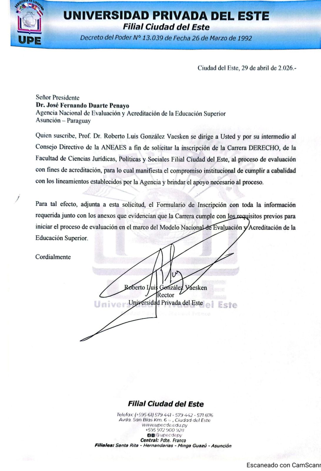 La Carrera de Derecho de la UPE CDE inscripta ante la ANEAES para su 2do. Periodo de ACREDITACIÓN